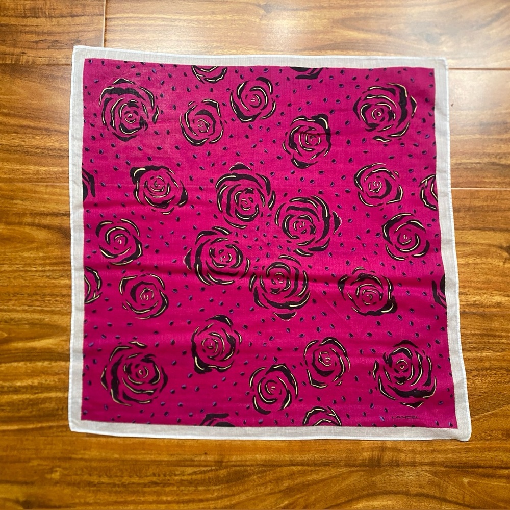 Vintage Women's Lancel Floral Rose Magenta Lightweight Square Handkerchief Boho